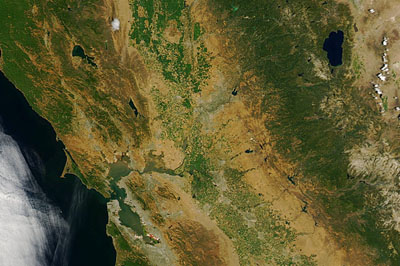 Northern California.  San Francisco Bay to Lake Tahoe.. True color MODIS-Aqua image, acquired July 3, 2007, 2:40 pm PDT.